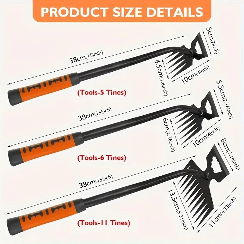 2 in 1 Garden Weeding Rake 5/6/11 Teeth Carbon Steel Manual Weeder Tool Loosening Soil Removing Grass Root Gardening Farm Tool