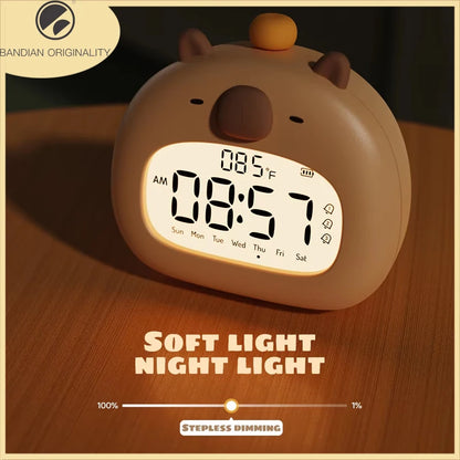 Bedside LED Clock Kids Alarm Clock Children's Sleep Trainier Temperature Display With Rechargeable Control Digital Cute Capybara